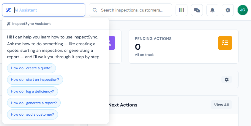 InspectSync AI Assistant open in the top bar, welcoming the user and offering example questions like "How do I create a quote?" and "How do I start an inspection?"