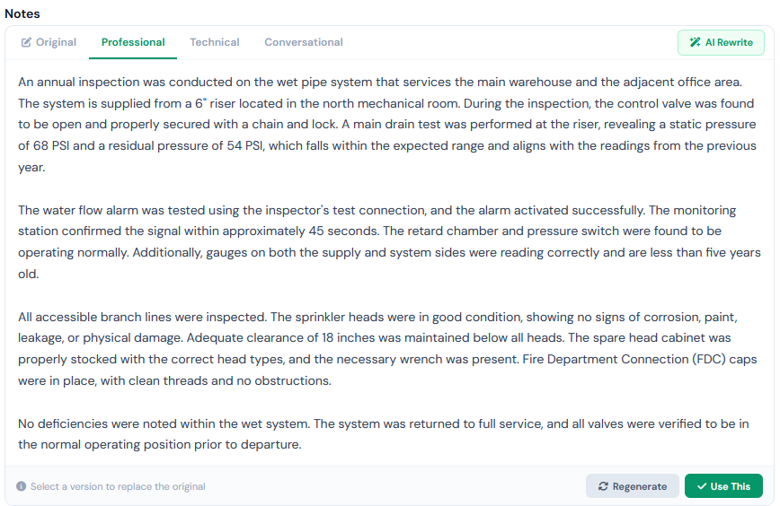 InspectSync Tone Rewriter on an inspection Notes field — Original, Professional, Technical, and Conversational tabs with an AI Rewrite button, showing the Professional rewrite ready to apply with Regenerate and Use This actions