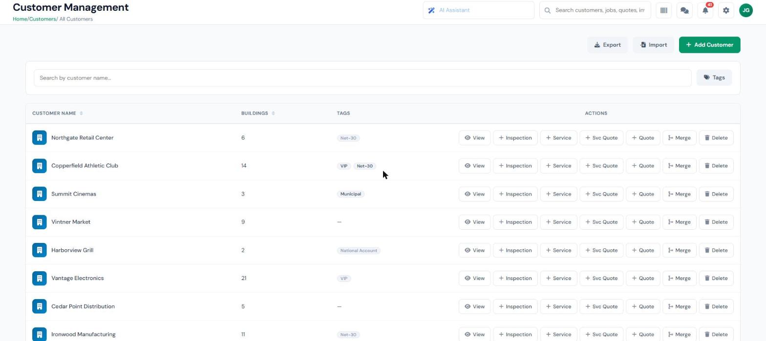 InspectSync CRM customer management showing customer accounts with building counts, account tags, and quick actions to start an inspection, service, or quote