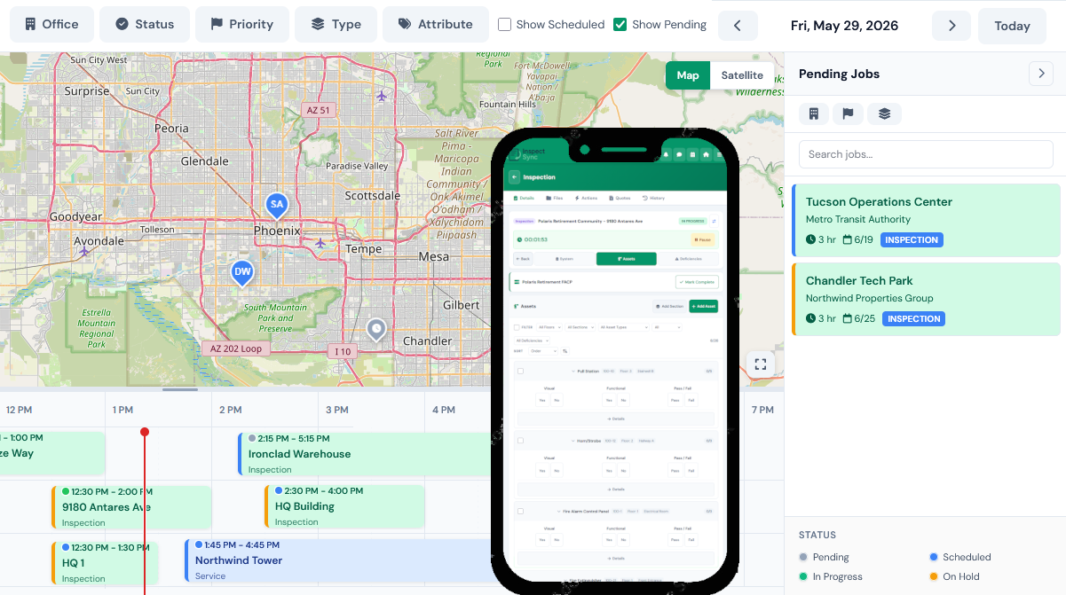 InspectSync fire protection dispatch board with live technician map and daily job schedule