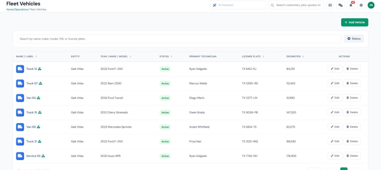 InspectSync fleet management showing service trucks and vans with status, assigned technician, license plate, and odometer readings