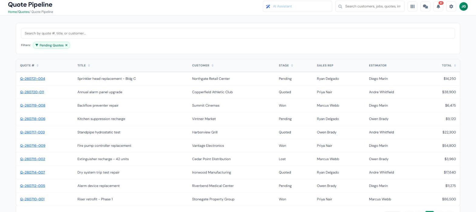InspectSync quote pipeline showing fire protection project quotes by stage with sales rep, estimator, and quoted value