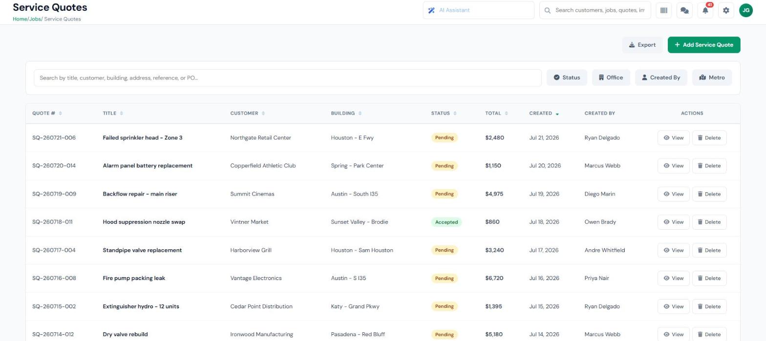 InspectSync service quotes built from inspection deficiencies, showing repair scope, customer, building, status, and quoted total